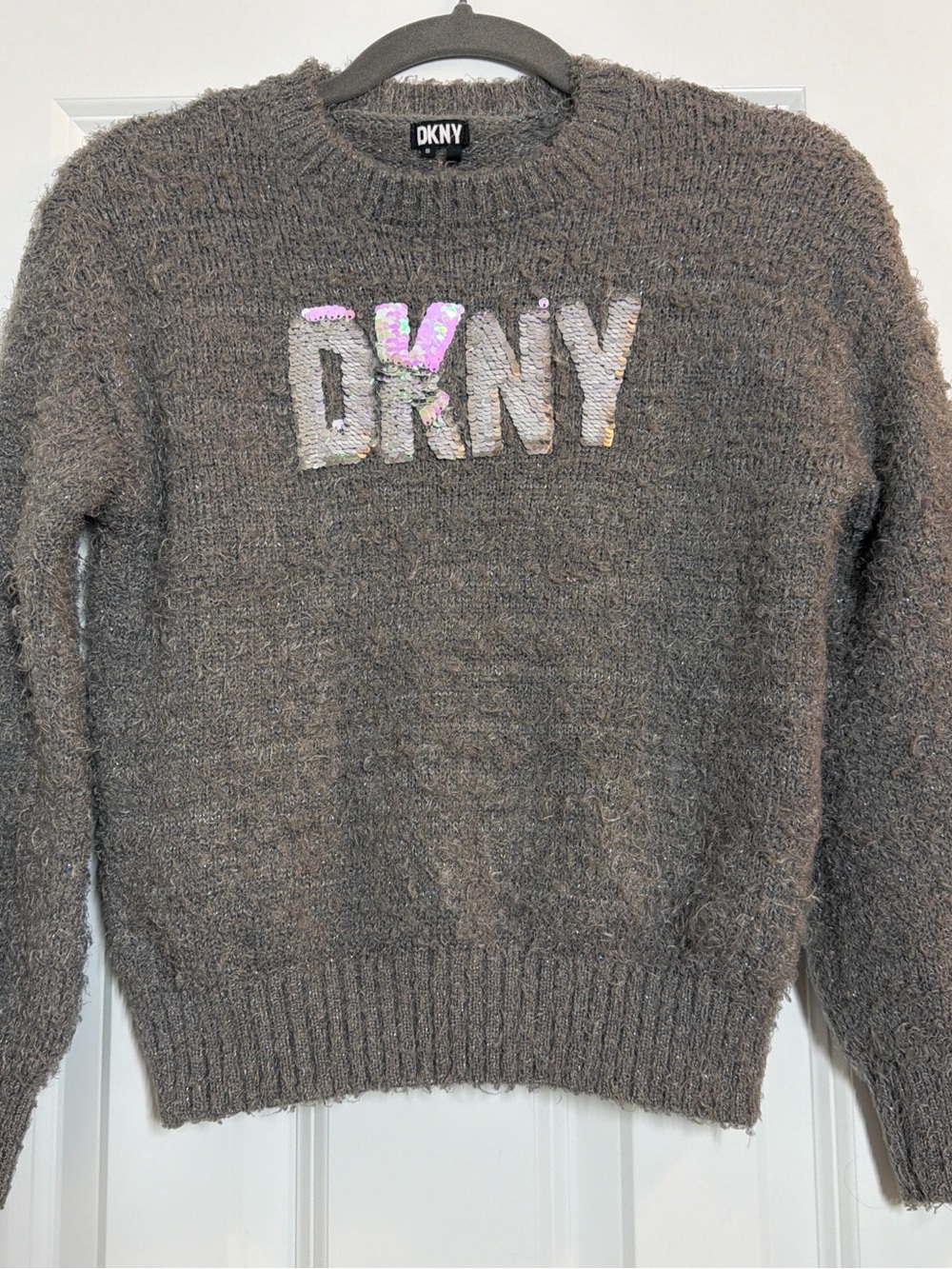DKNY Gray Crewneck Sweater with Iridescent Sequin Logo